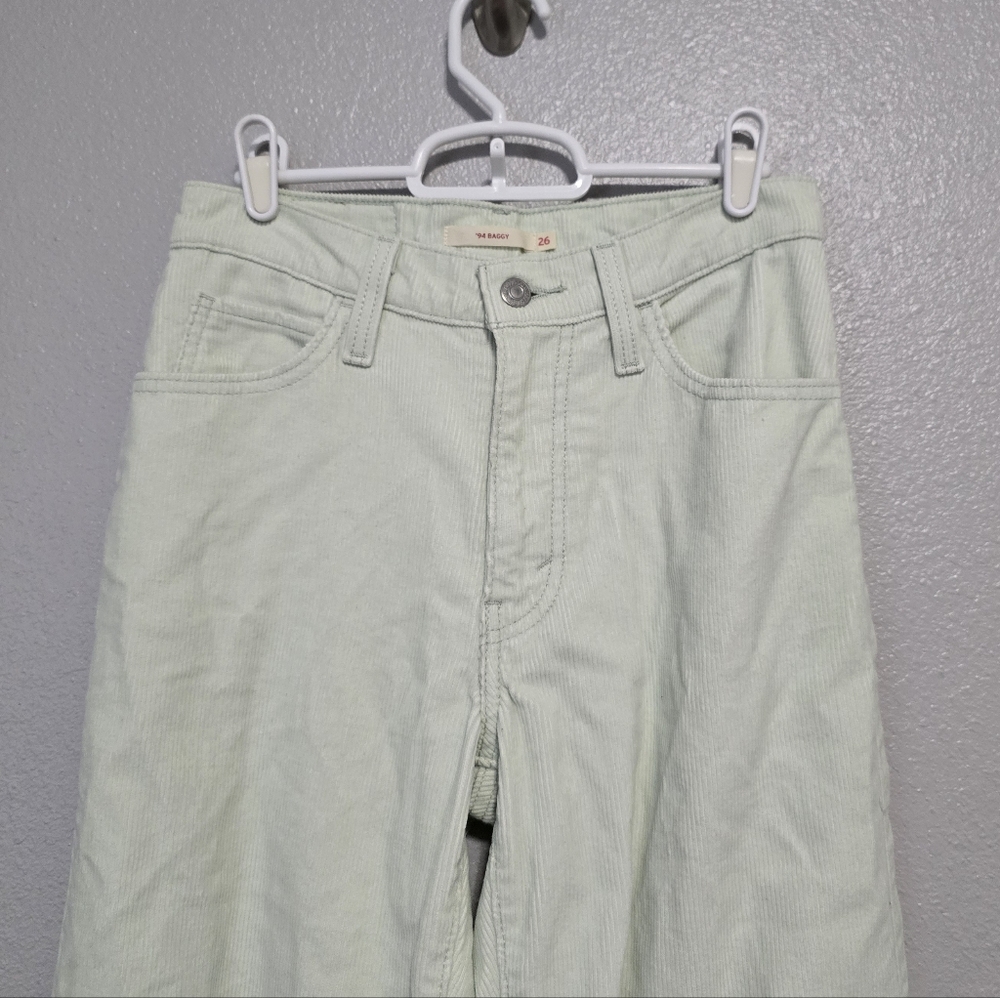 Levi's 94 Baggy Light Lime Green High Rise Relaxed Fit Straight Leg Corduroy - Picture 3 of 6